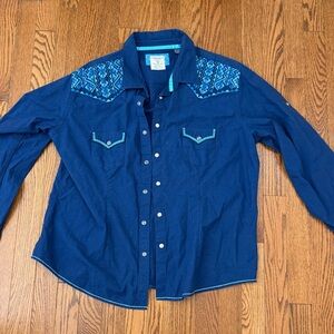 Panhandle Rough Stock Women’s XL Western Snap Shirt Blue Embroidered